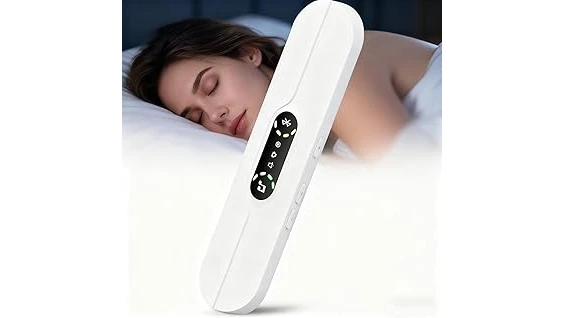 The image shows a sleek, white wireless white noise pillow, highlighting its bedside placement.