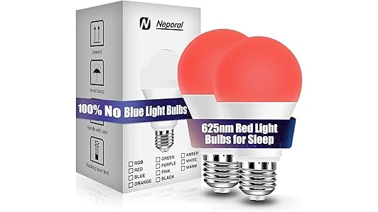 The image shows a colorful RGB sleep bulb emitting a soft, ambient glow on a bedside table.