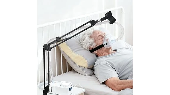 The image shows a sleek CPAP hose holder keeping a therapy tube neatly organized on a bedside table.