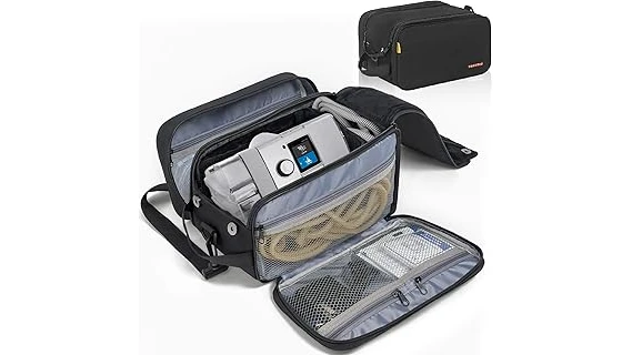 The image shows a sleek, black CPAP travel bag with organized compartments, perfect for carrying essential supplies.