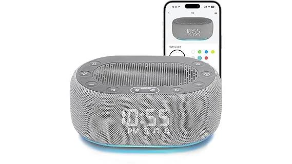 The image shows a sleek white noise machine device, perfect for sleep and relaxation.