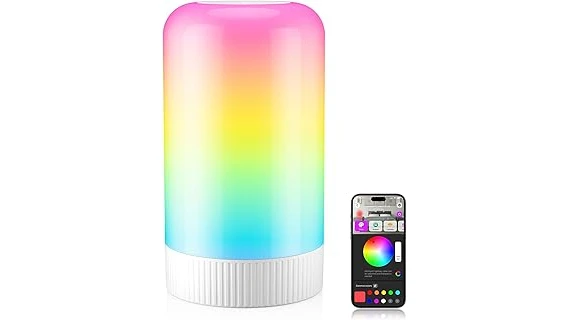 The image shows a modern, app-controlled night lamp glowing softly, ideal for a bedroom.