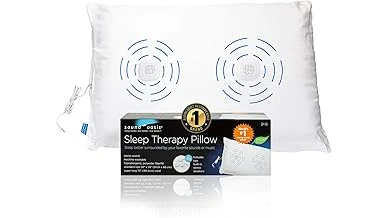 The image shows a comfortable pillow with a built-in speaker, perfect for listening to music.