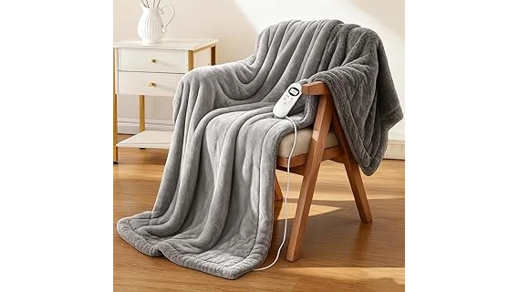 The image shows a cozy bed with a smart temperature blanket, highlighting comfort.