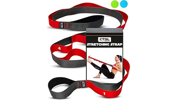 The image shows a person using a colorful stretching band to relax and improve sleep quality.